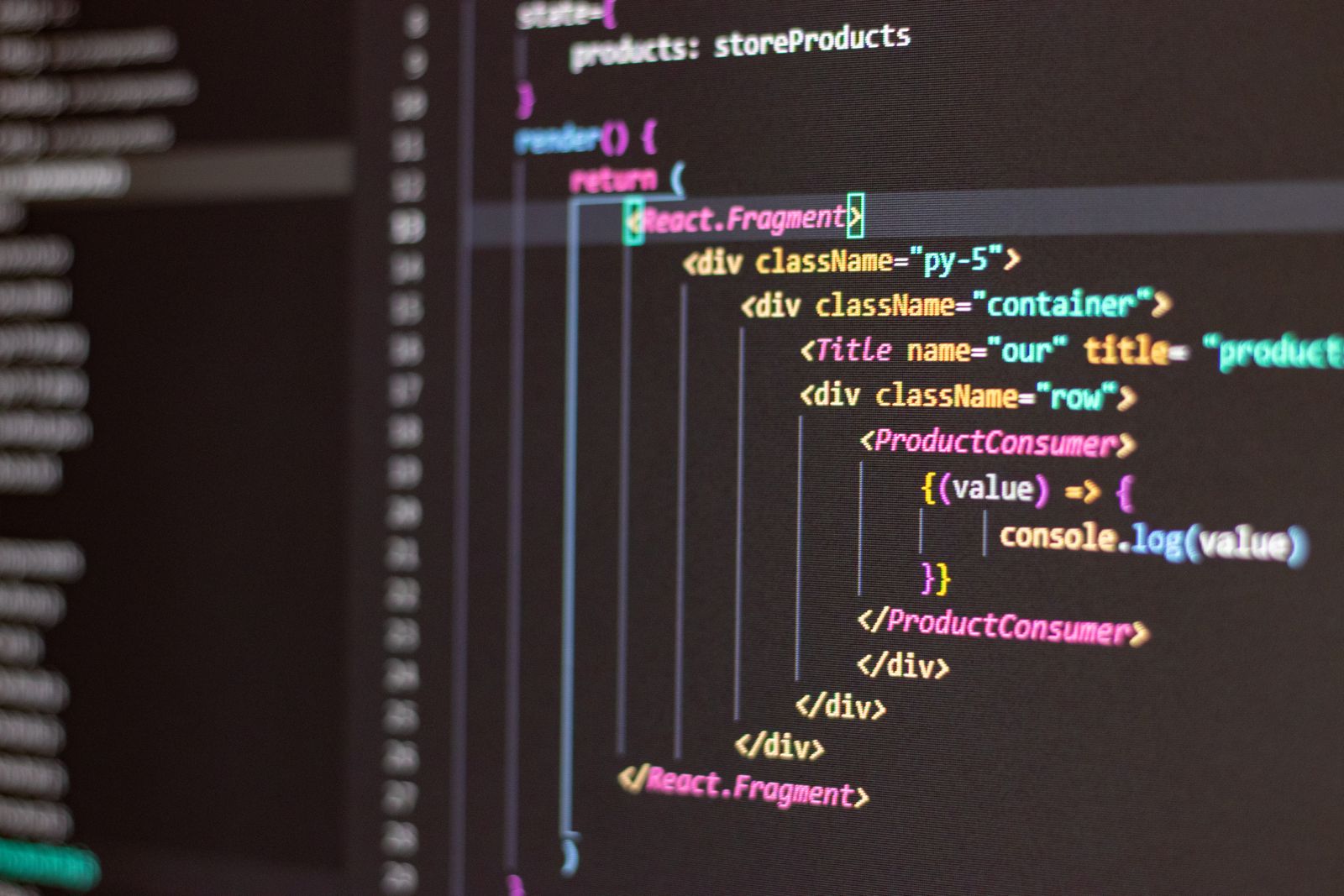 React component source code open in a code editor, showing JSX markup and nested div elements