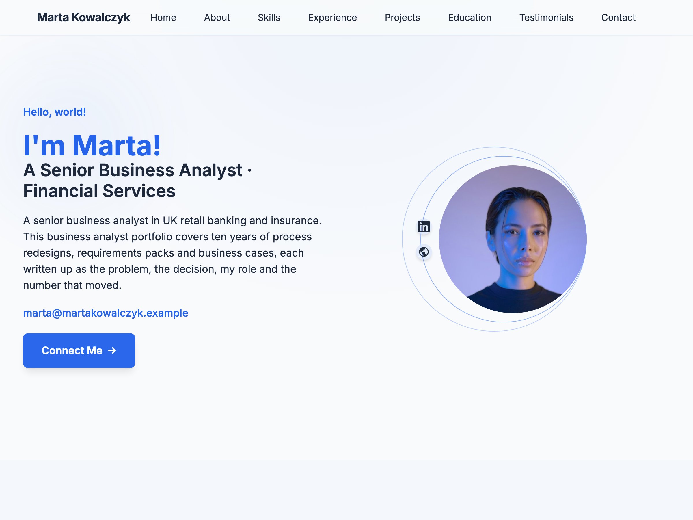 Business analyst portfolio example: hero section of Marta Kowalczyk's sample portfolio on Seera's Professional template