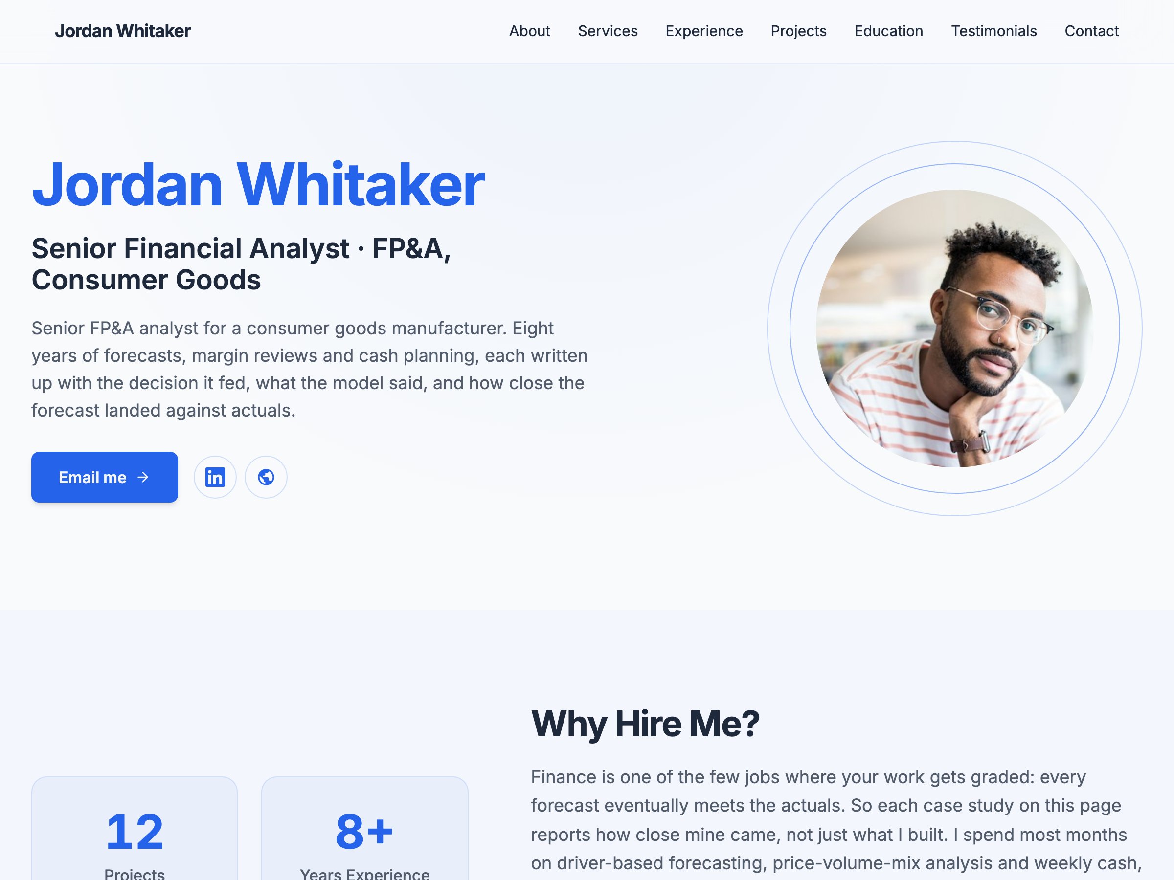Financial analyst portfolio example: hero section of Jordan Whitaker's sample FP&A portfolio on Seera's Professional template