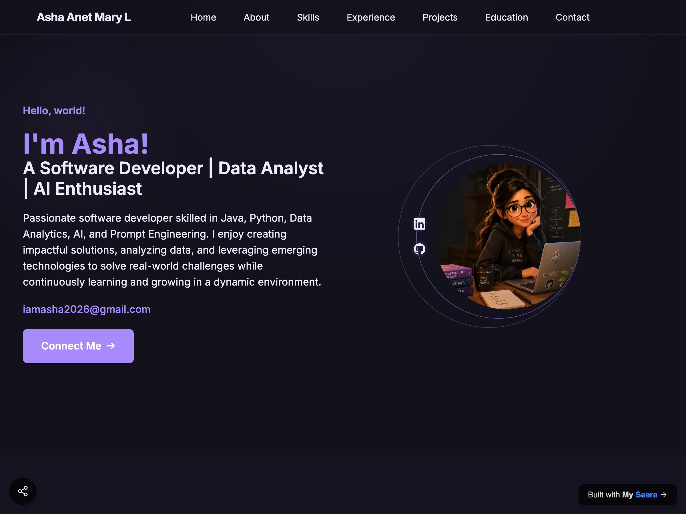 Asha Anet Mary L — Software Developer | Data Analyst | AI Enthusiast portfolio built on Seera