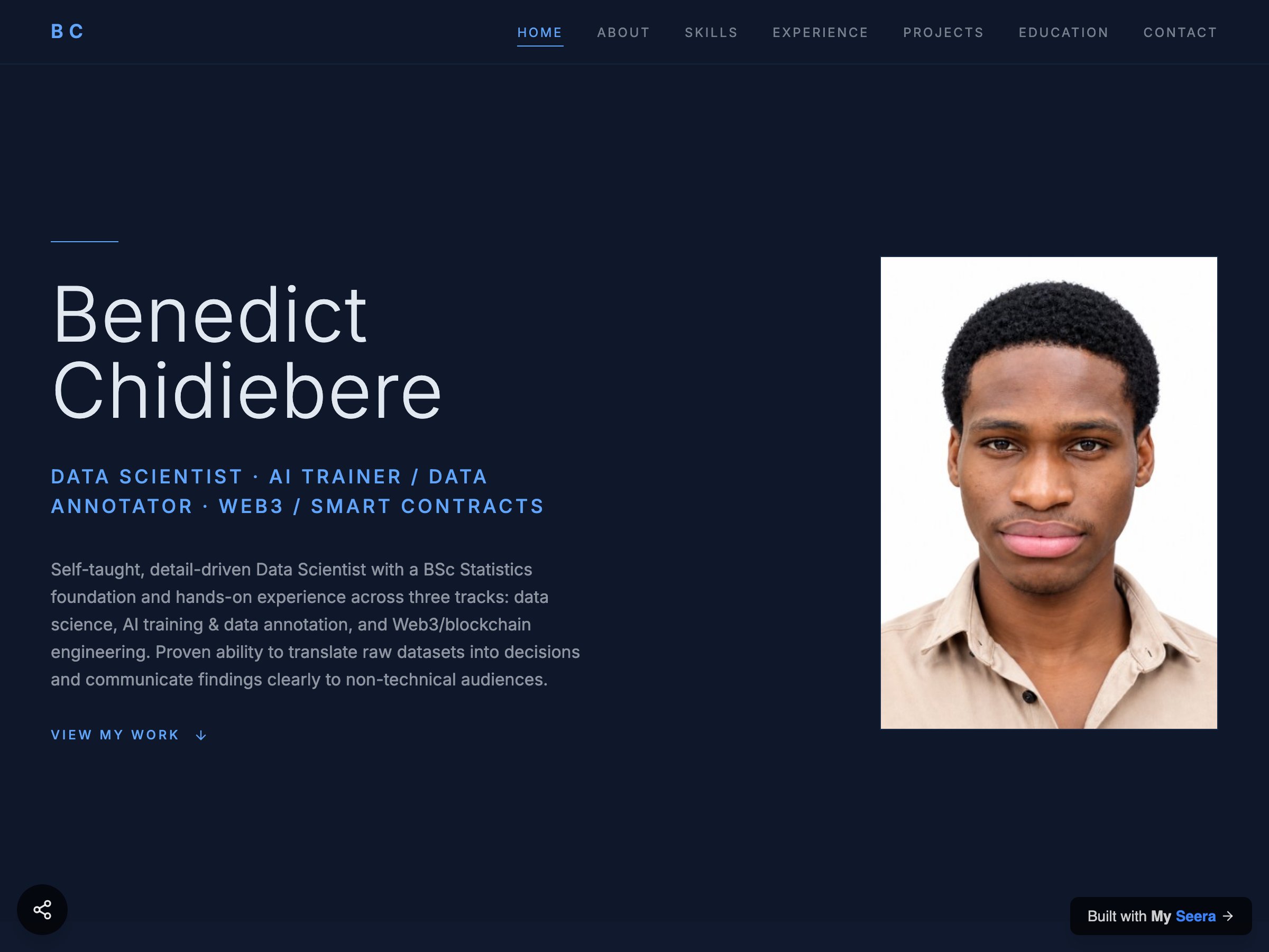 Benedict Chidiebere — Data Scientist · AI Trainer / Data Annotator · Web3 / Smart Contracts portfolio built on Seera