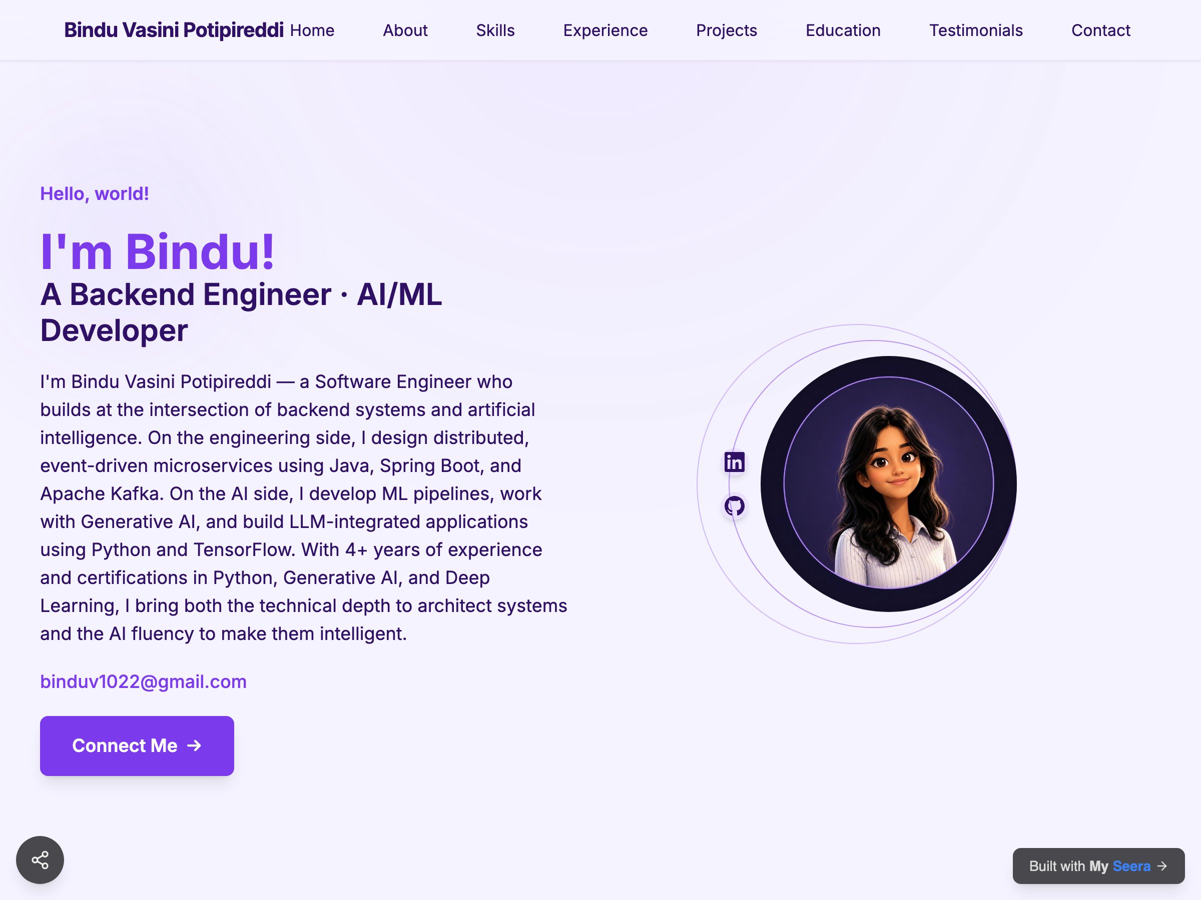 Bindu Vasini Potipireddi — Backend Engineer · AI/ML Developer portfolio built on Seera