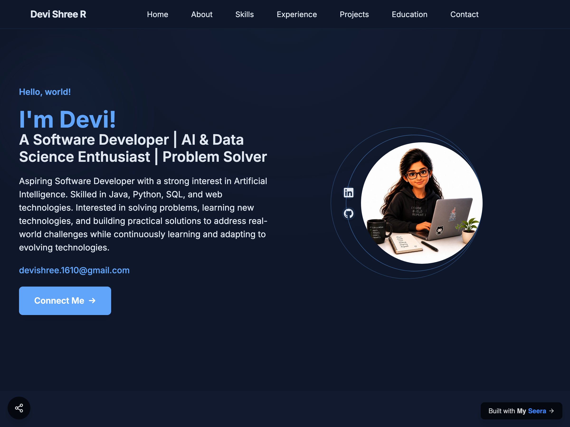Devi Shree R — Software Developer | AI & Data Science  Enthusiast | Problem Solver portfolio built on Seera