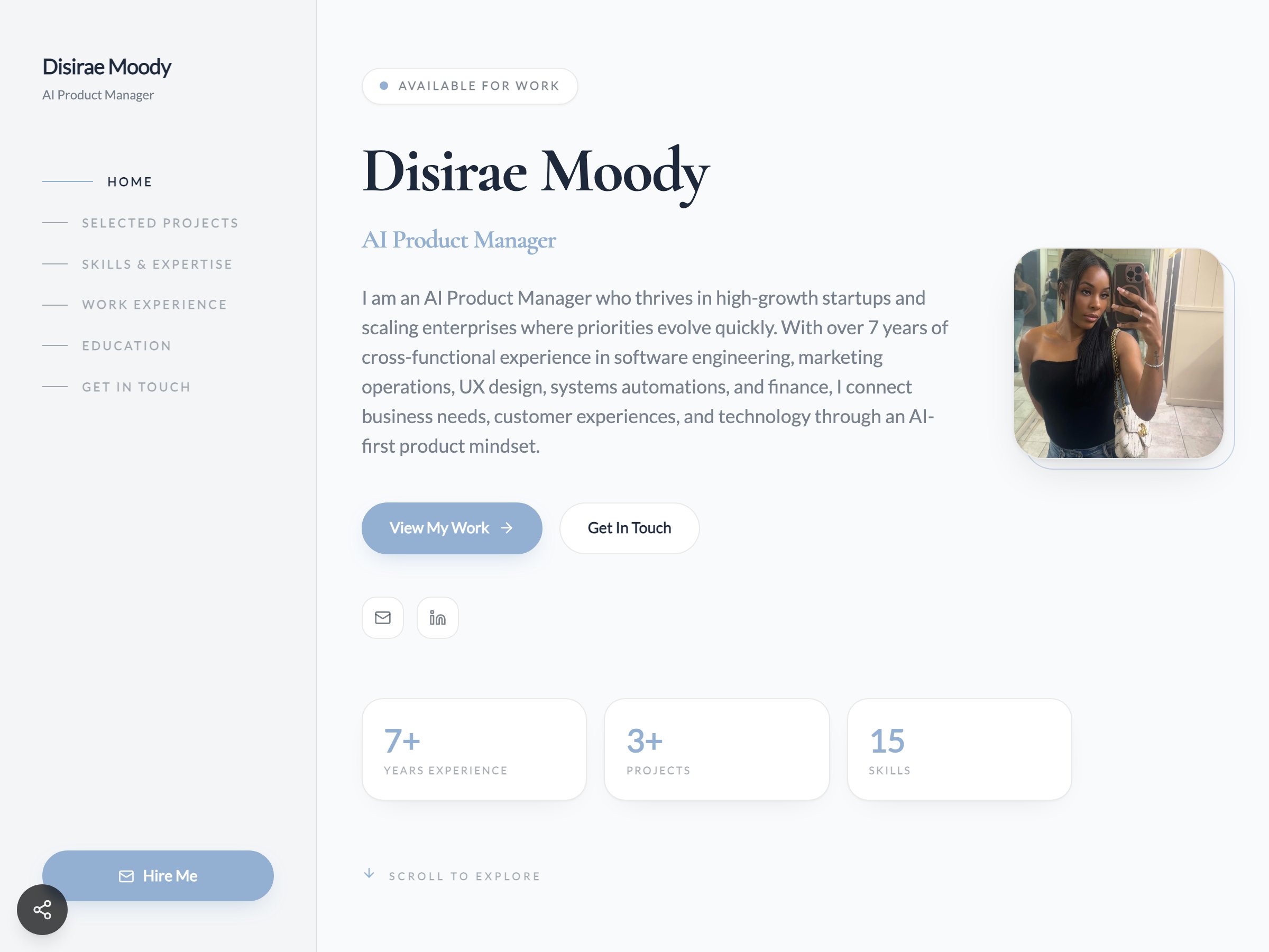 Disirae Moody — AI Product Manager portfolio built on Seera