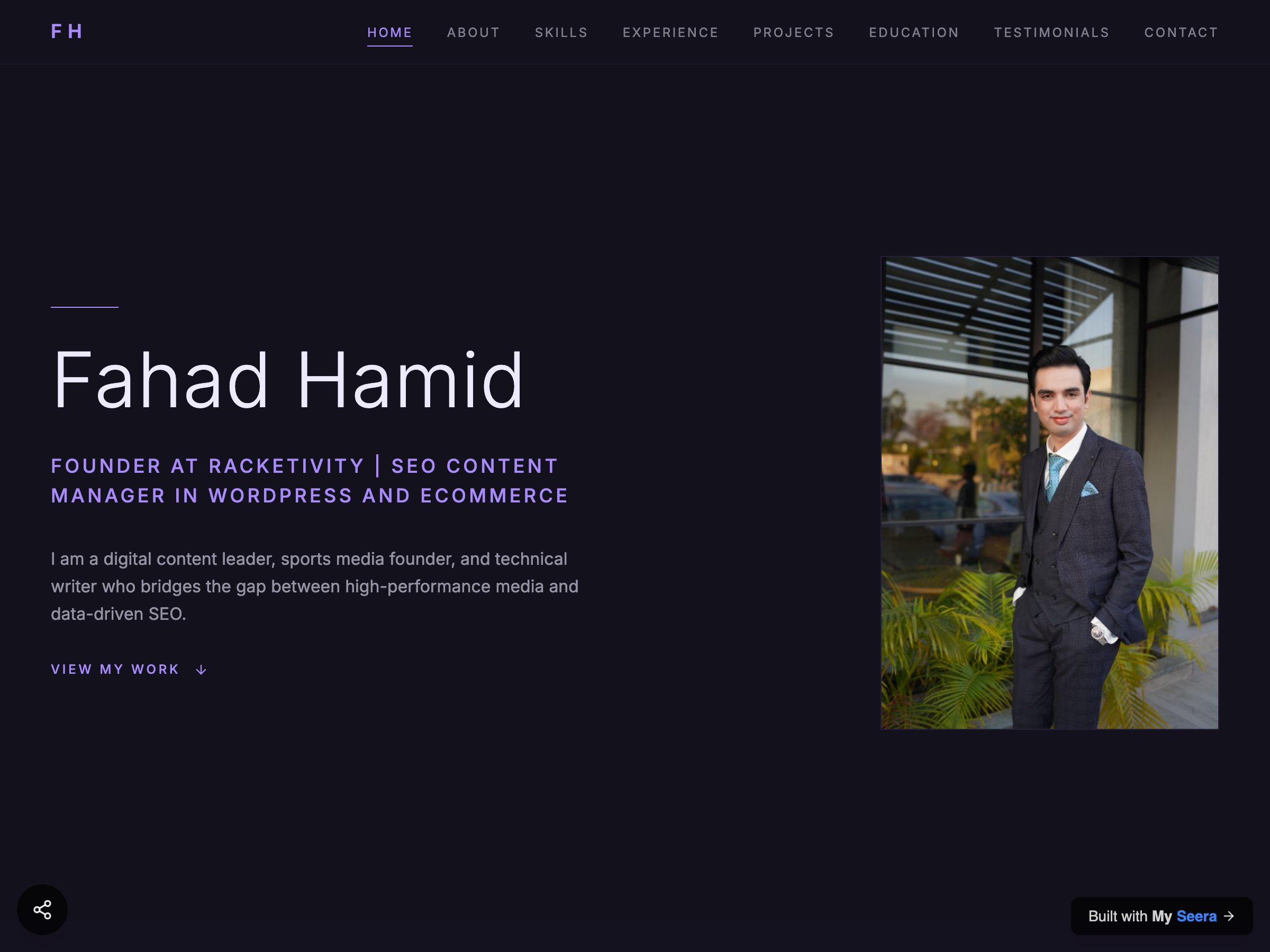 Fahad Hamid — Founder at Racketivity | SEO Content Manager in WordPress and Ecommerce portfolio built on Seera