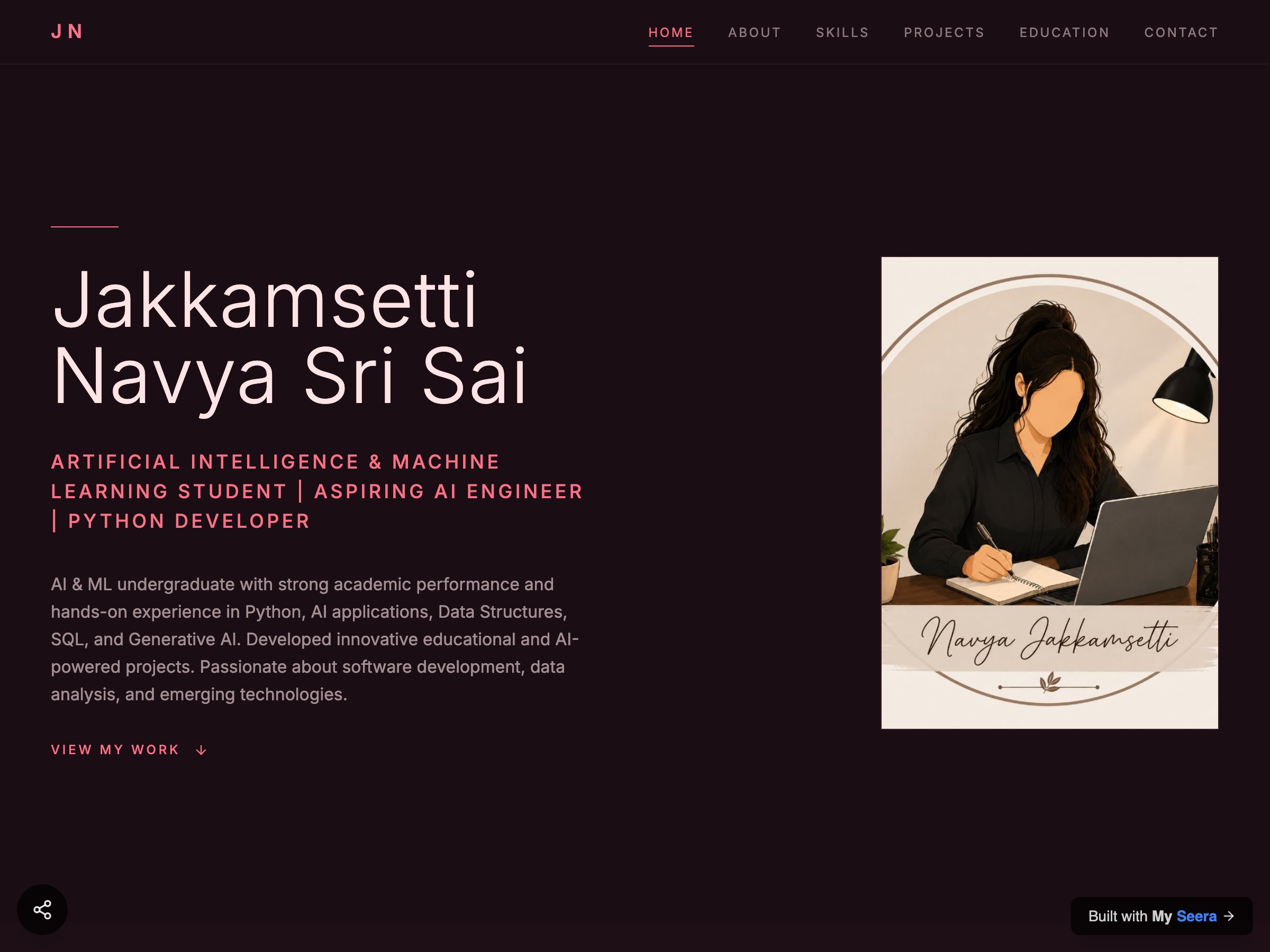 Jakkamsetti Navya Sri Sai — Artificial Intelligence & Machine Learning Student | Aspiring AI Engineer | Python Developer portfolio built on Seera