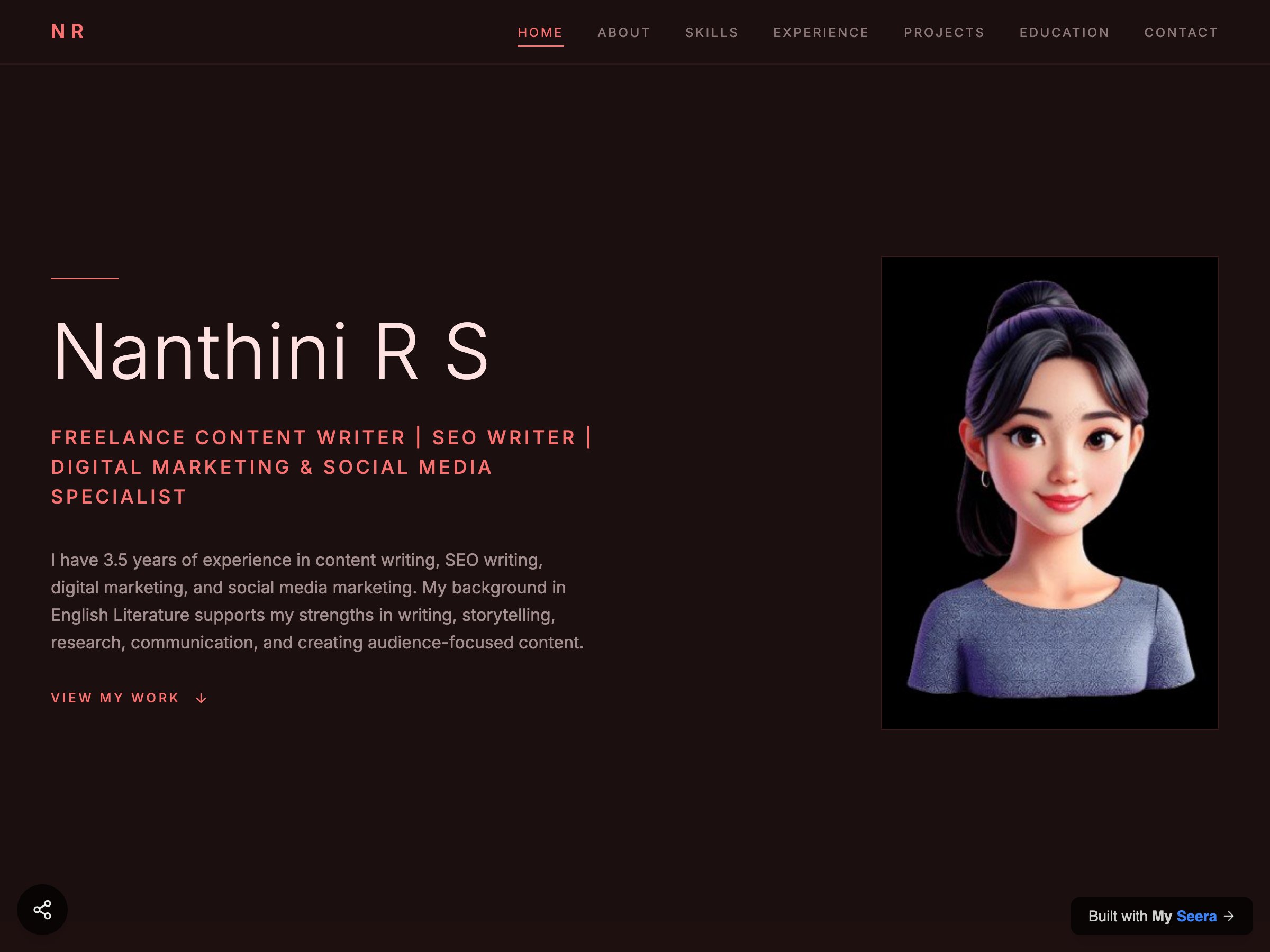 Nanthini R S — Freelance Content Writer | SEO Writer | Digital Marketing & Social Media Specialist portfolio built on Seera
