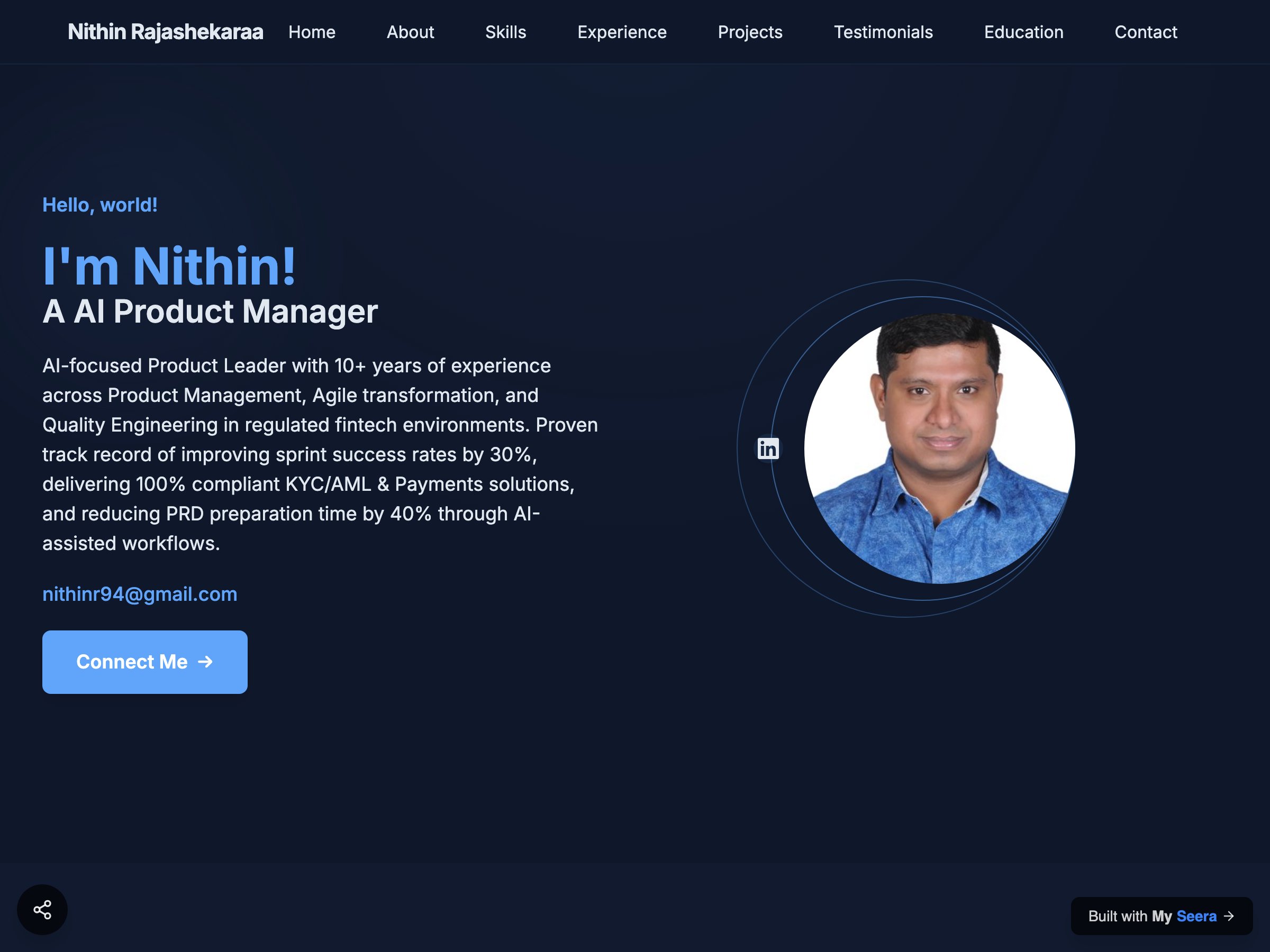 Nithin Rajashekaraa — AI Product Manager portfolio built on Seera