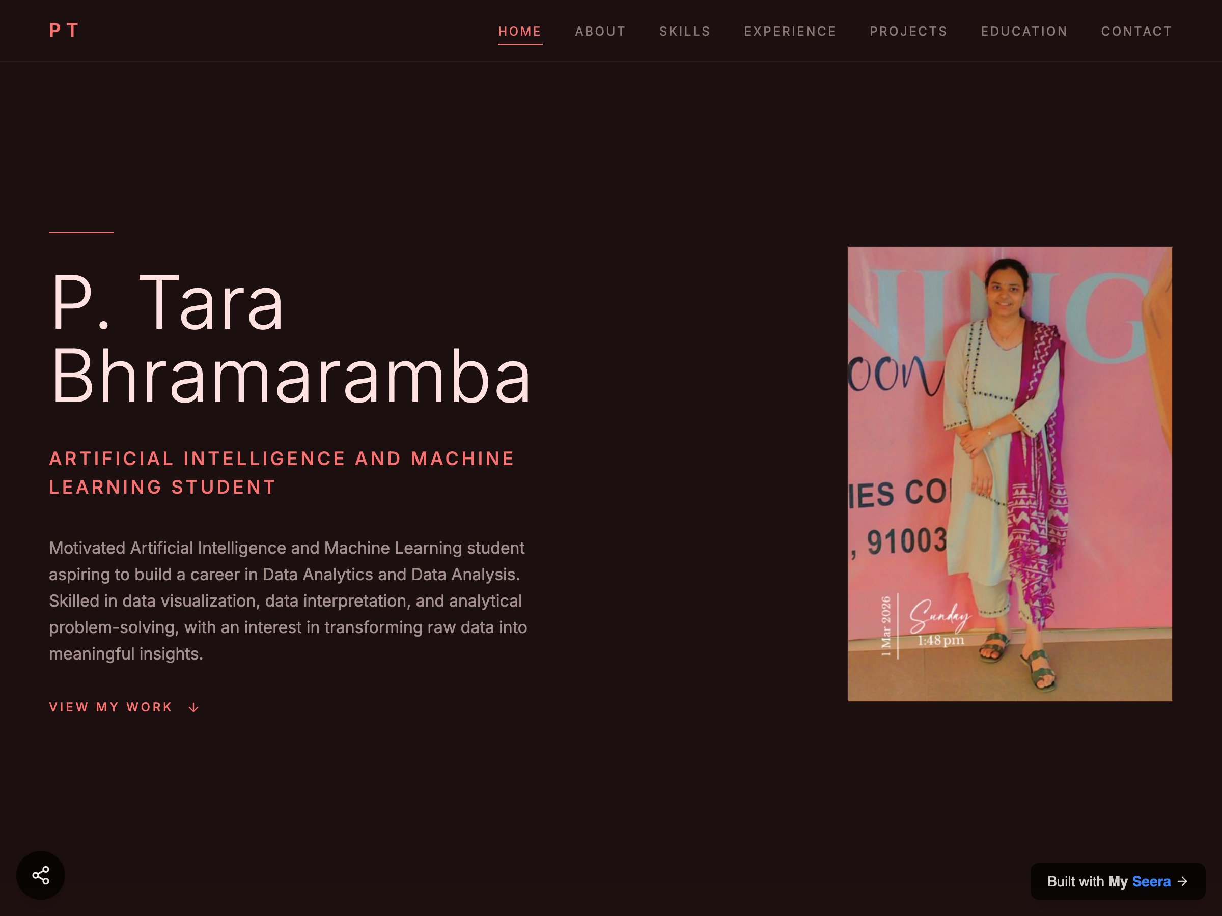 P. Tara Bhramaramba — Artificial Intelligence and Machine Learning Student portfolio built on Seera
