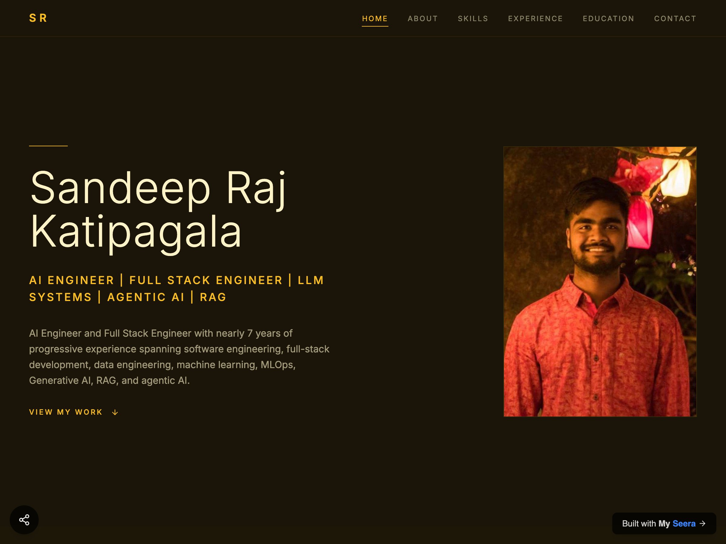 Sandeep Raj Katipagala — AI Engineer | Full Stack Engineer | LLM Systems | Agentic AI | RAG portfolio built on Seera